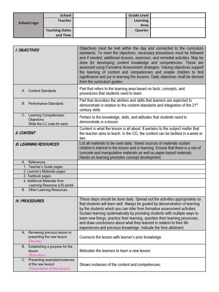 DLL Template PDF Learning Educational Assessment