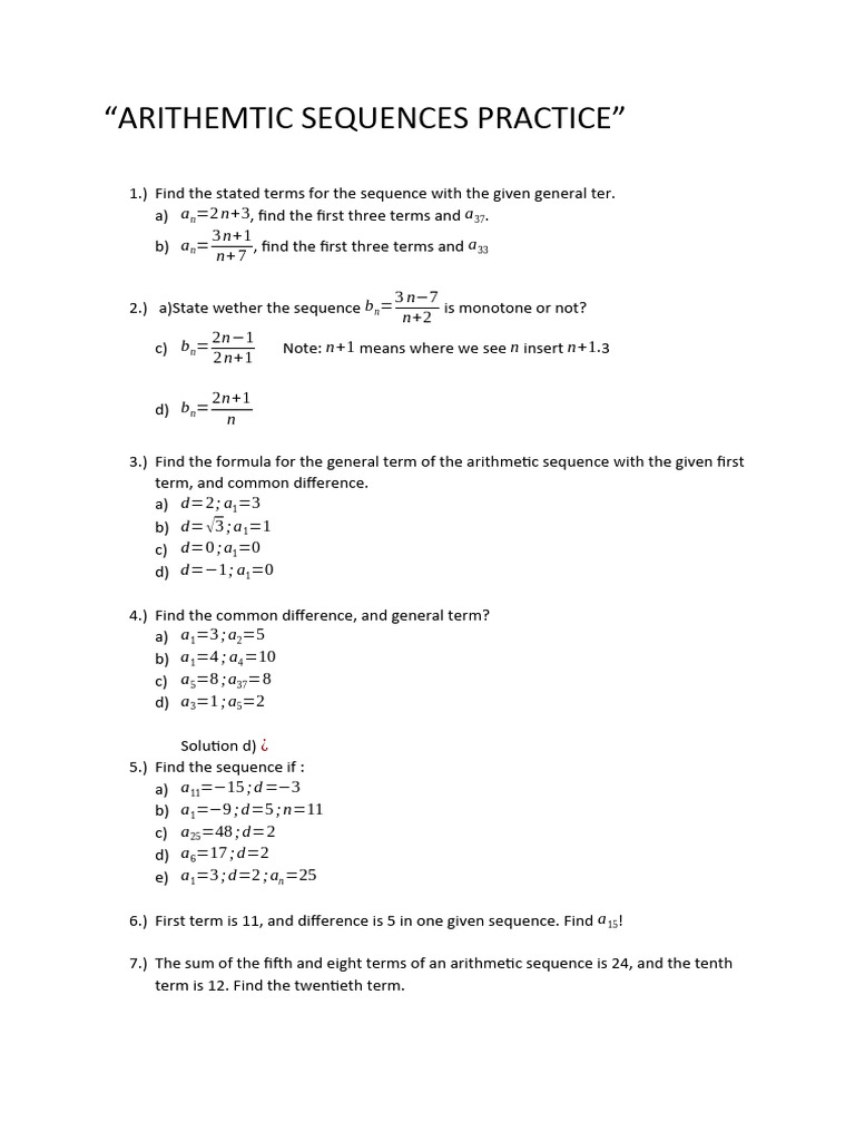 Arithmetic Sequences Practice Guide | PDF | Mathematics | Mathematical ...