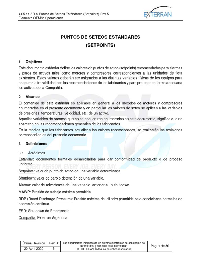 Puntos de Seteo Estándares Rev.5 | PDF | Presión | Agua