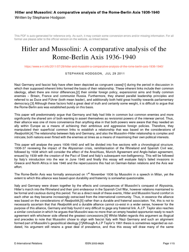 Hitler and Mussolini A Comparative Analysis of The Rome Berlin Axis ...