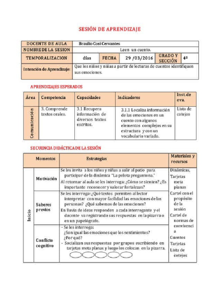 Sesin de Aprendizaje El Cuento | PDF