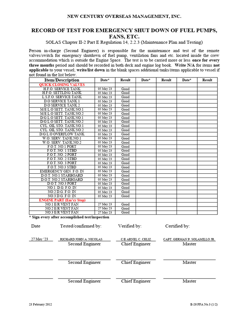 E-20 FFA No.3 RECORD OF TEST FOR EMERGENCY SHUT DOWN OF FUEL PUMPS ...