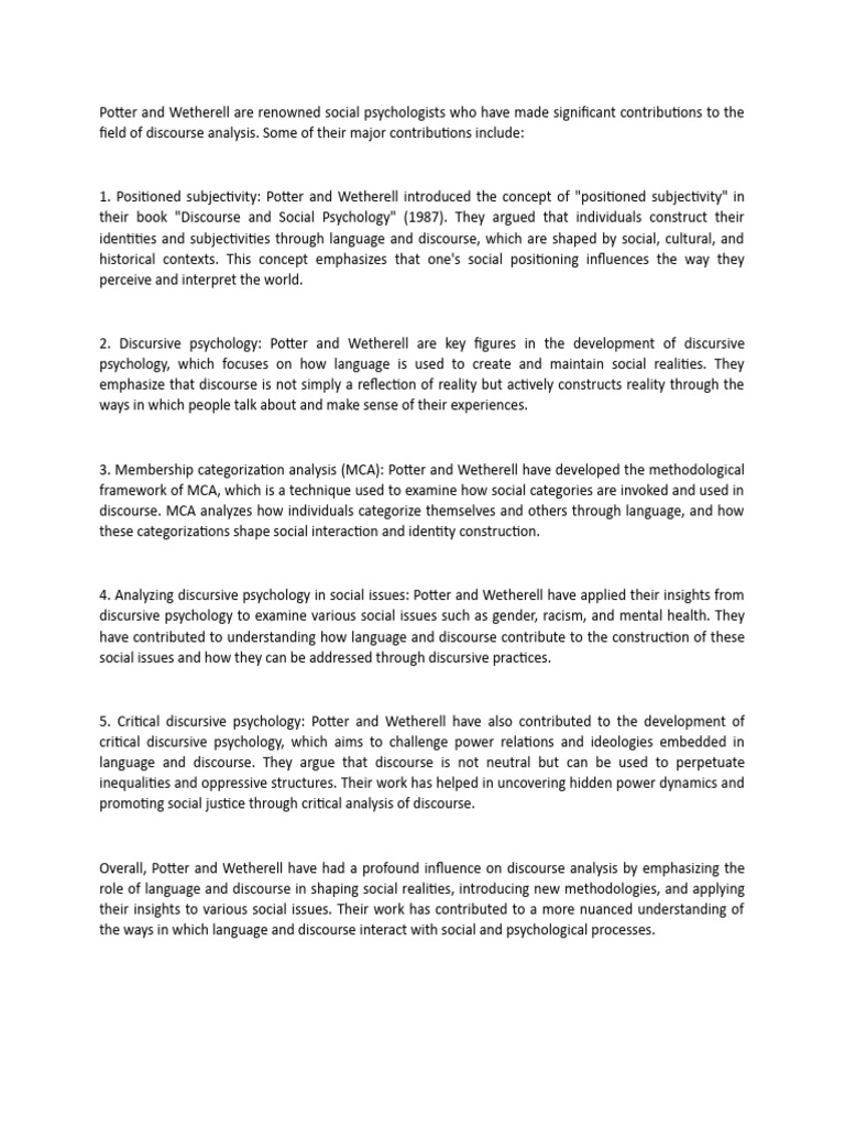 Potter and Wetherell Discourse Analysis PDF Discourse Psychology