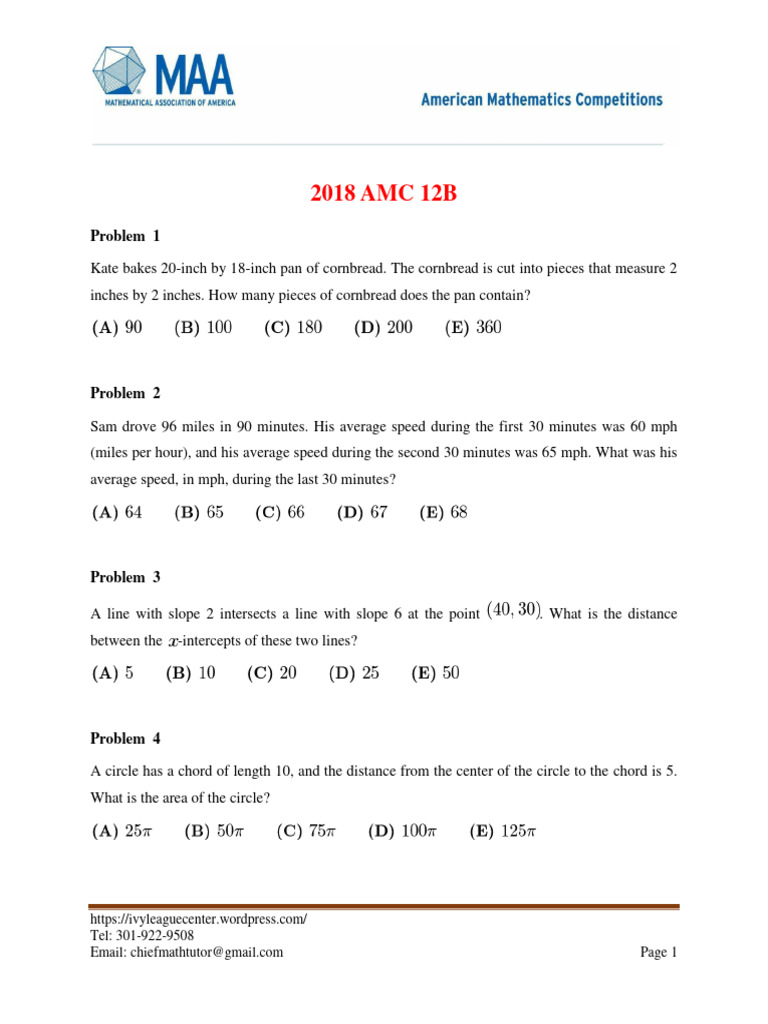 2018 Amc 12b Problems PDF Circle Area