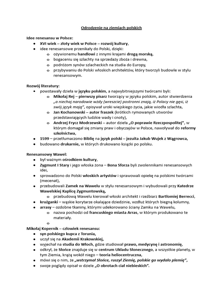 Wiosna Ludów Na Ziemiach Polskich Notatka Odrodzenie Na Ziemiach Polskich | PDF