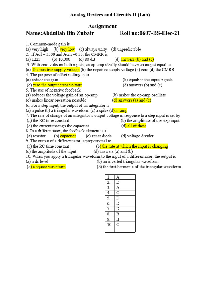 Analog Devices and Circuits Lab (II) Assignment PDF Operational