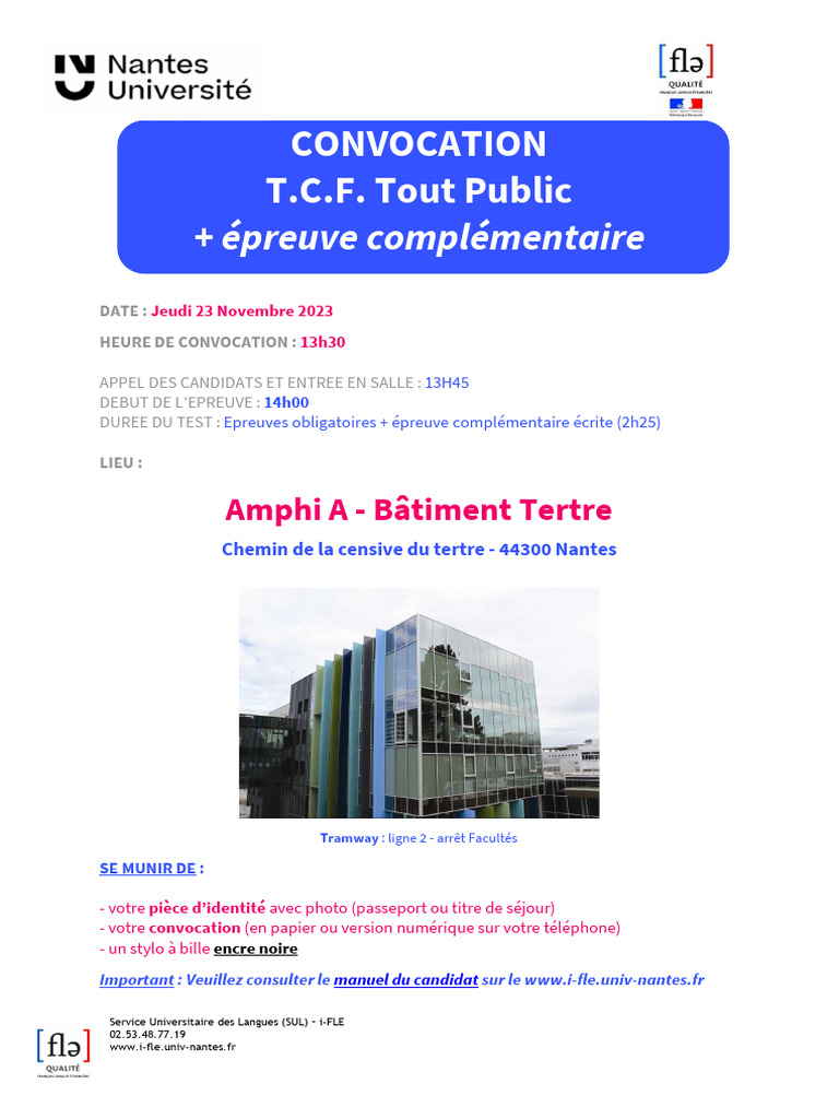Convocation TCF Tout Public - 23 Nov 2023 | PDF