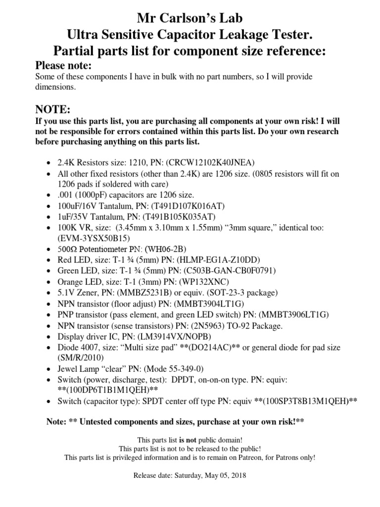Ultra capacitor leakage tester parts size list pdf