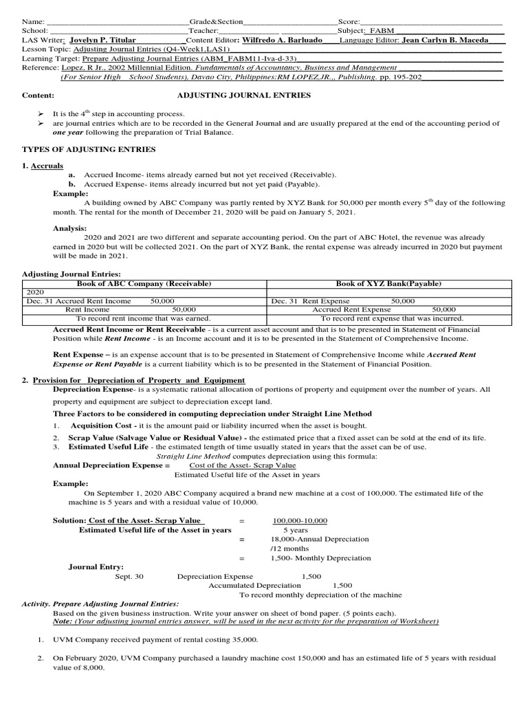 Adjusting Journal Entries Guide for FABM | PDF | Depreciation | Expense