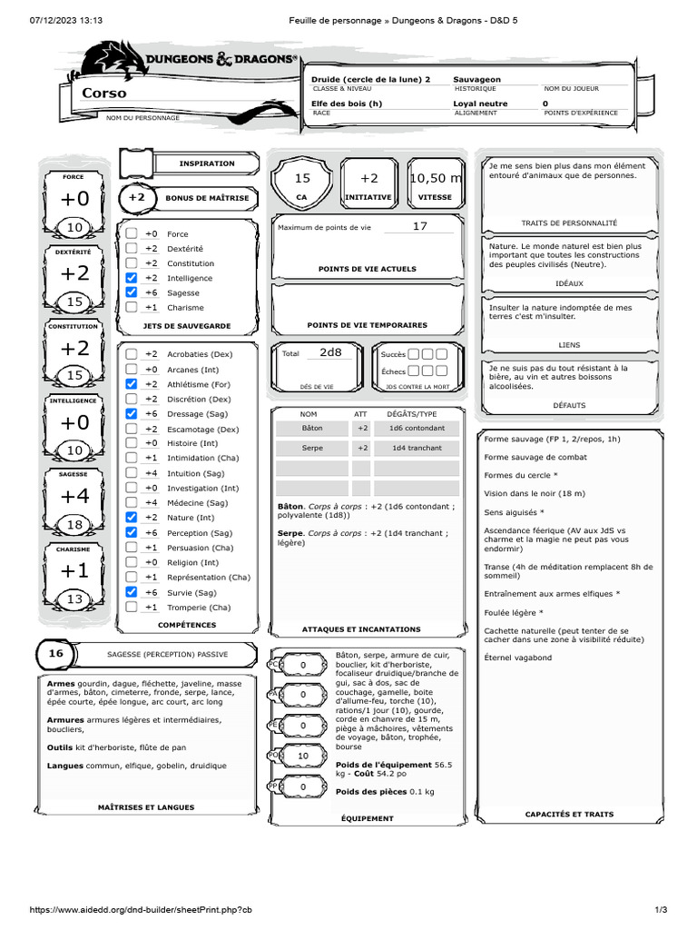 Feuille de personnage Druide D&D 5 | PDF