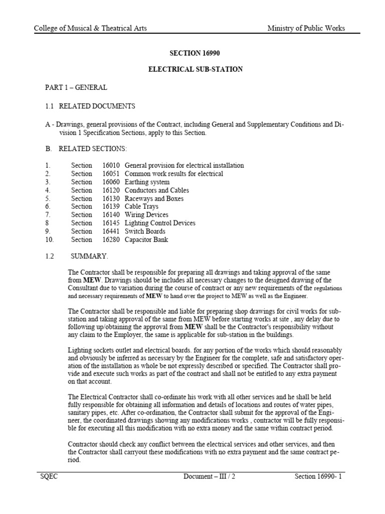 Section 16990 Electrical Sub Station Pdf Specification Technical