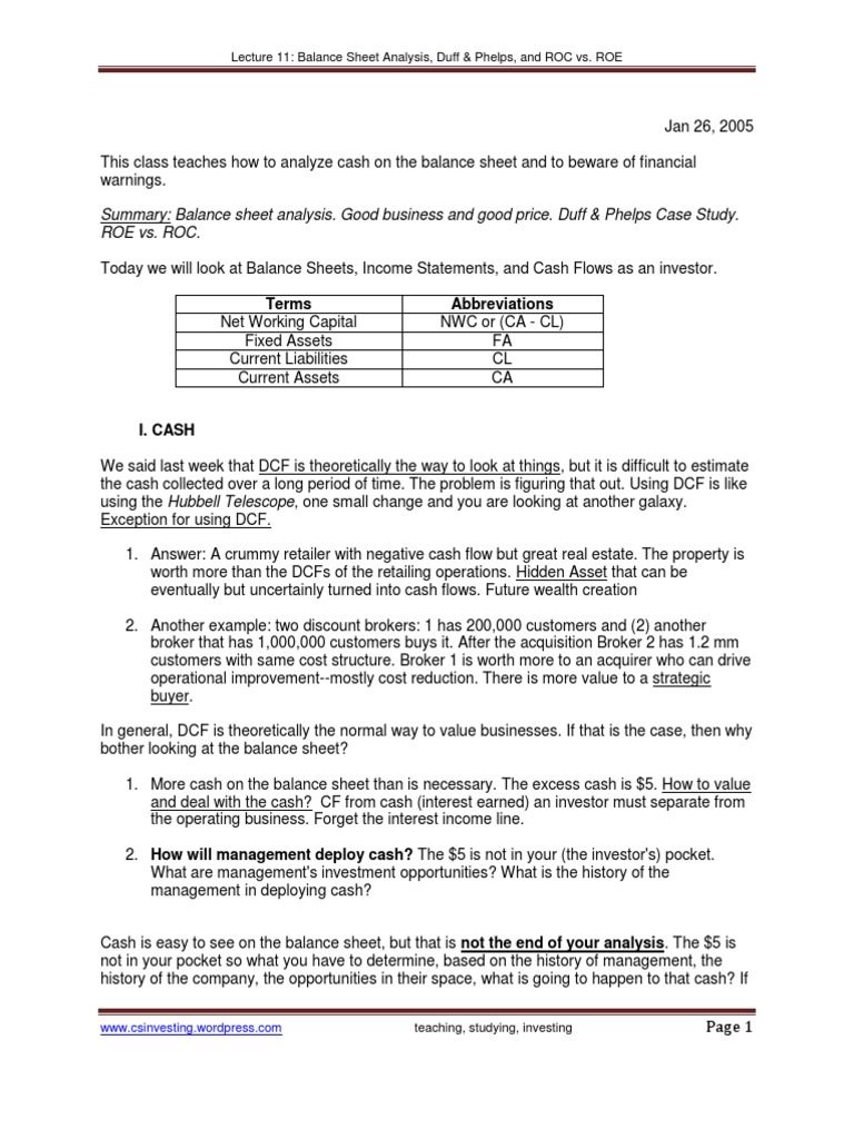 Lecture 11 - Balance Sheet Analysis Duff & Phelps ROE Vs  
