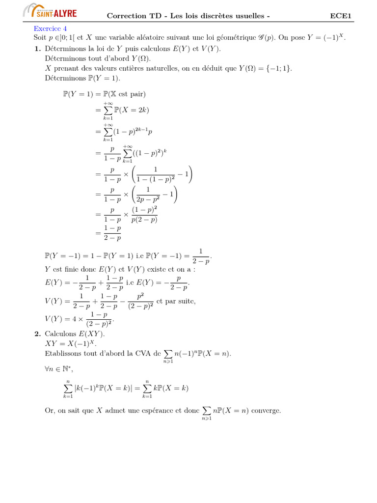 Correction TD : Lois Discrètes Usuelles | PDF | Loi de probabilité ...