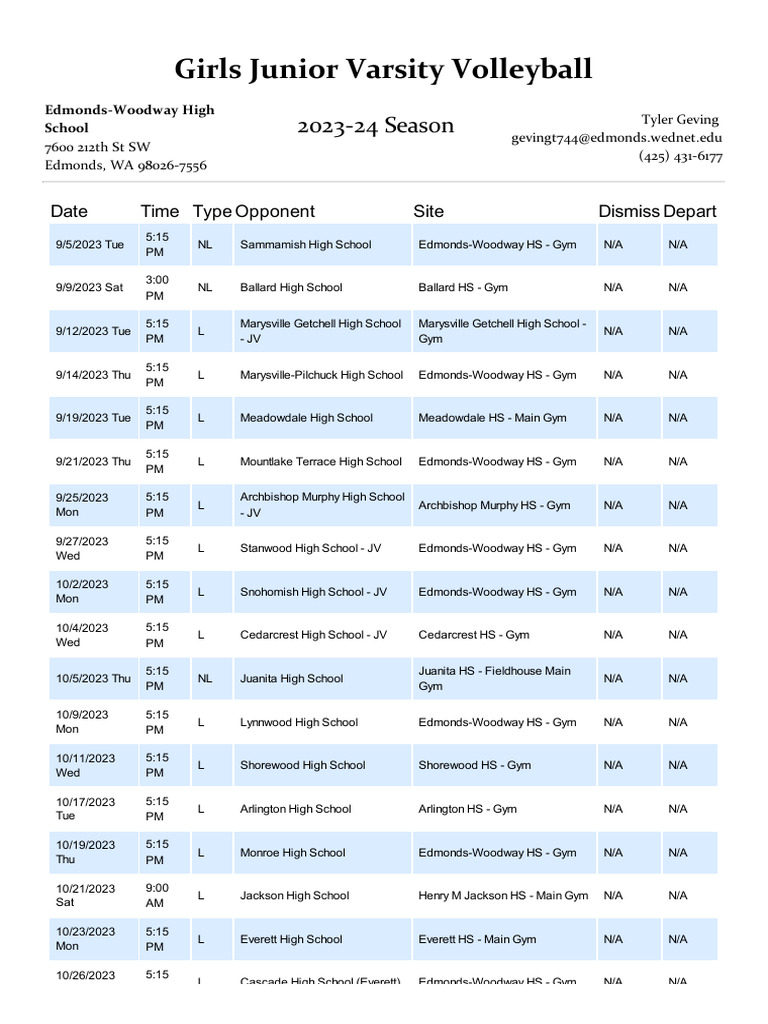 Printed Schedule PDF Schools Washington (State)