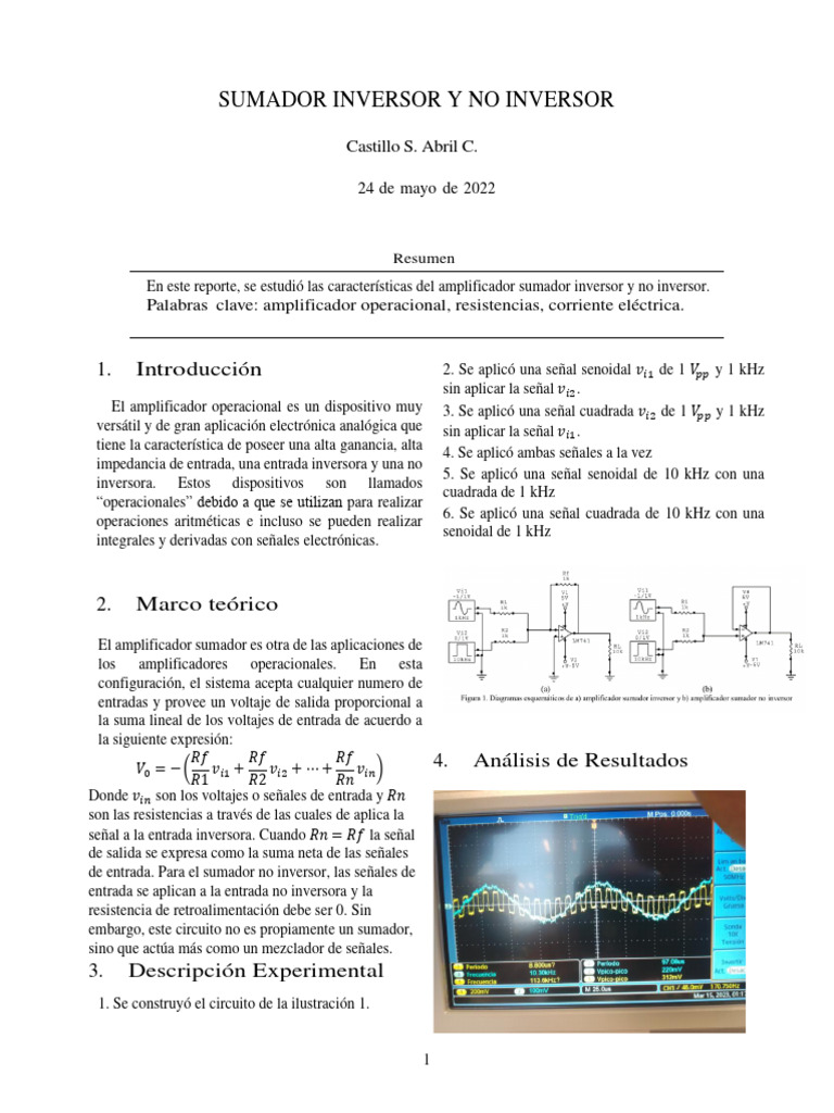 Practica 9 Sumador Inversor y No Inversor | PDF | Amplificador ...