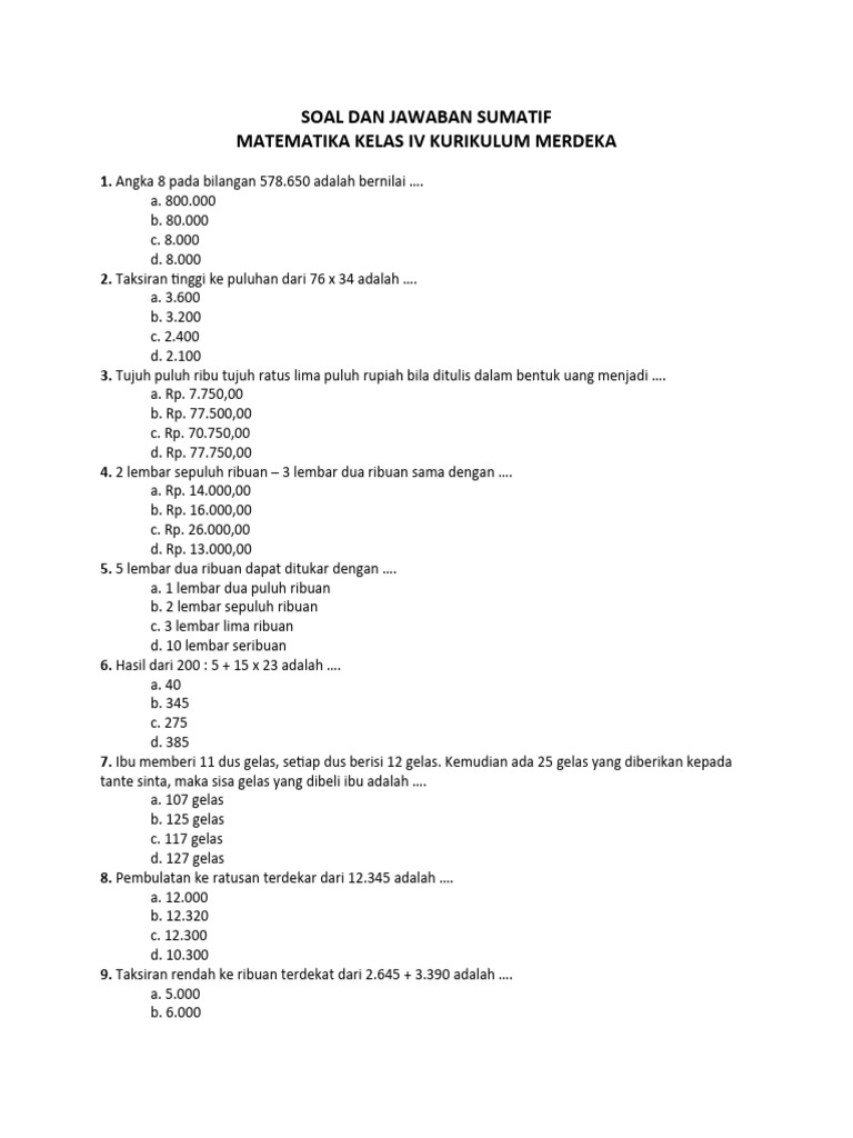 Soal Sumatif Matematika Kelas 4 | PDF