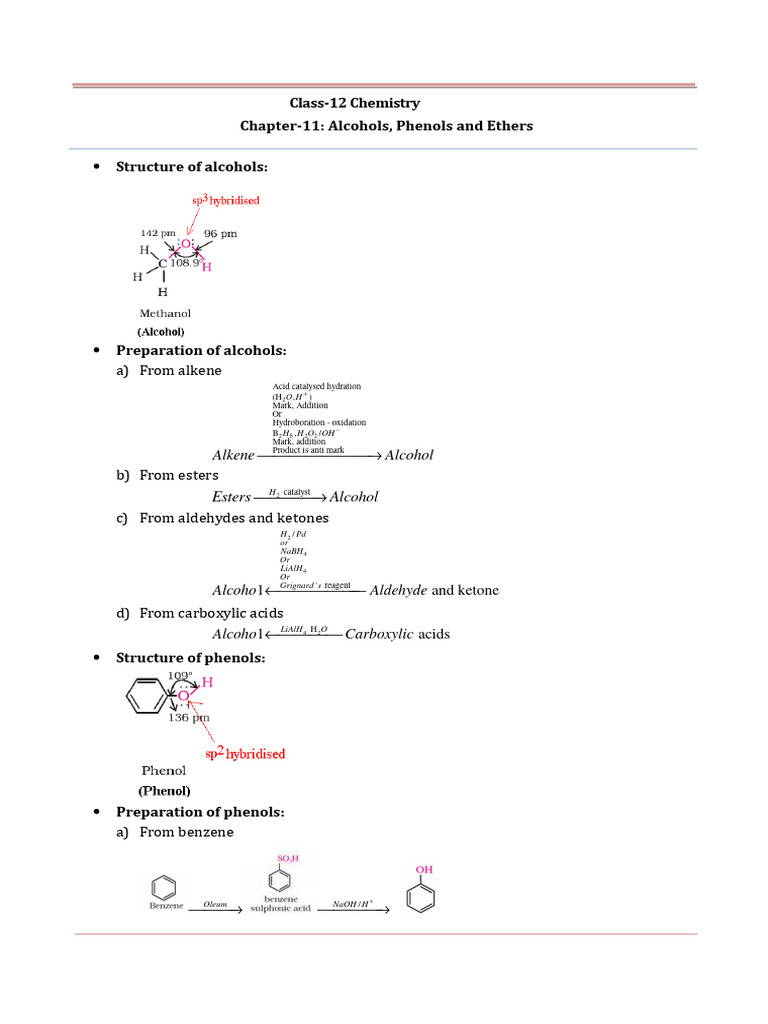 12 Chemistry Notes ch11 Alcohols Phenols and Ethers | PDF | Ether ...