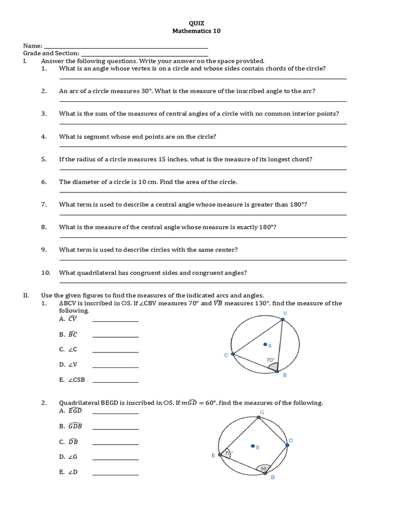 Grade 10 Circles Quiz | PDF