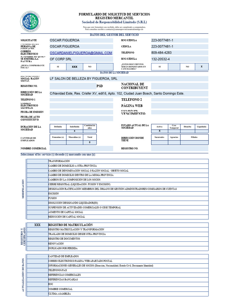 Formulario SRL Cámara de Comercio RD | PDF | Economias