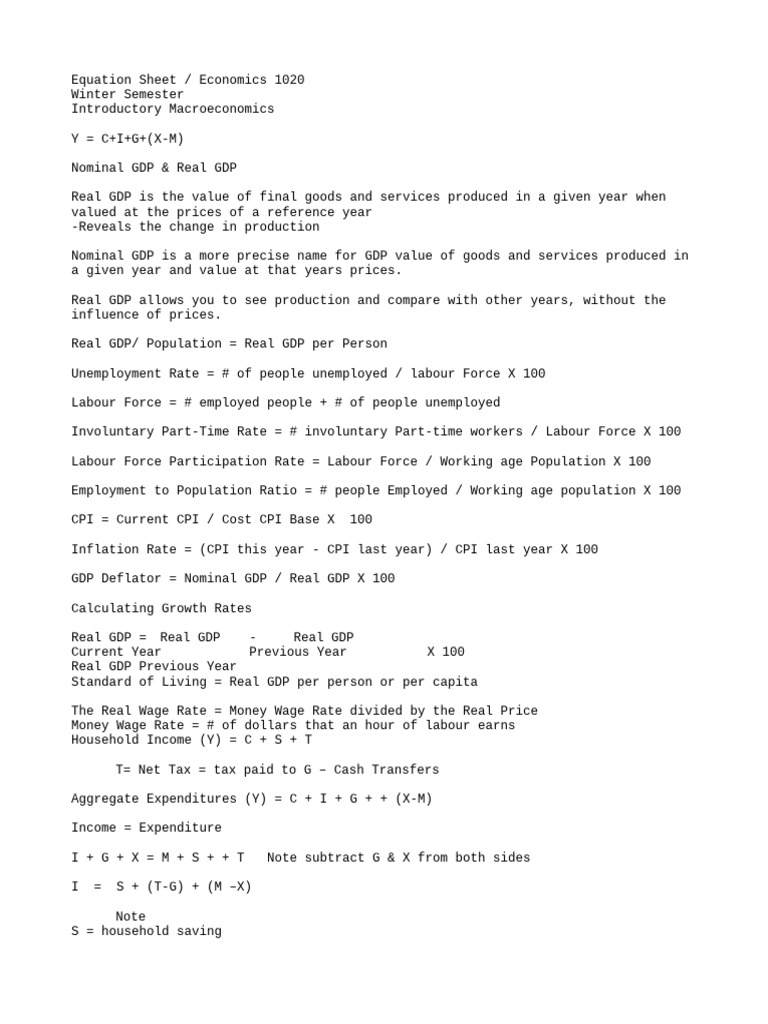 List of equations from macro pdf gross domestic product labour