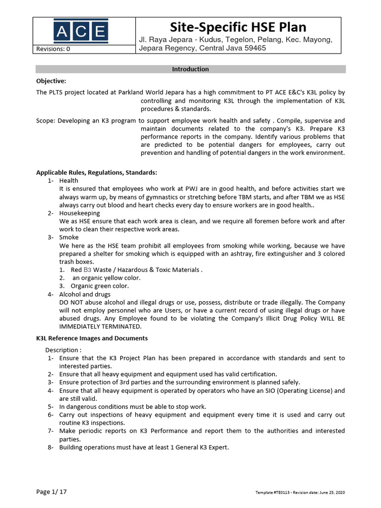 SiteSpecific HSE Plan PDF Personal Protective Equipment Working