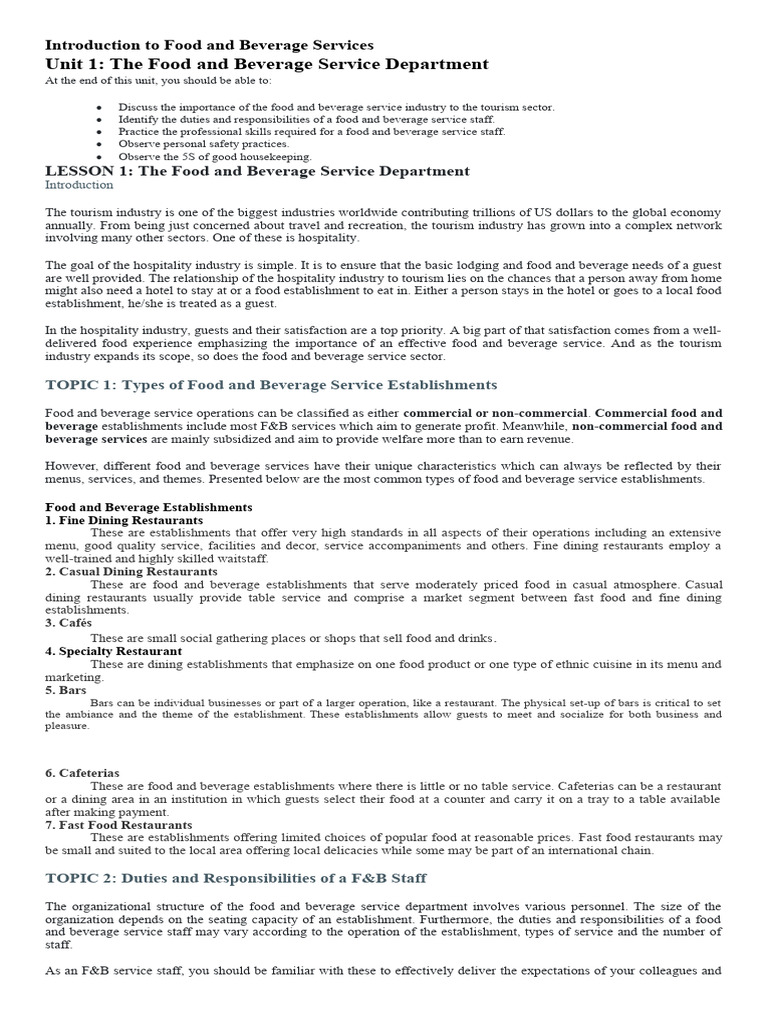 Introduction To Food and Beverage Services | PDF | Tableware | Restaurants