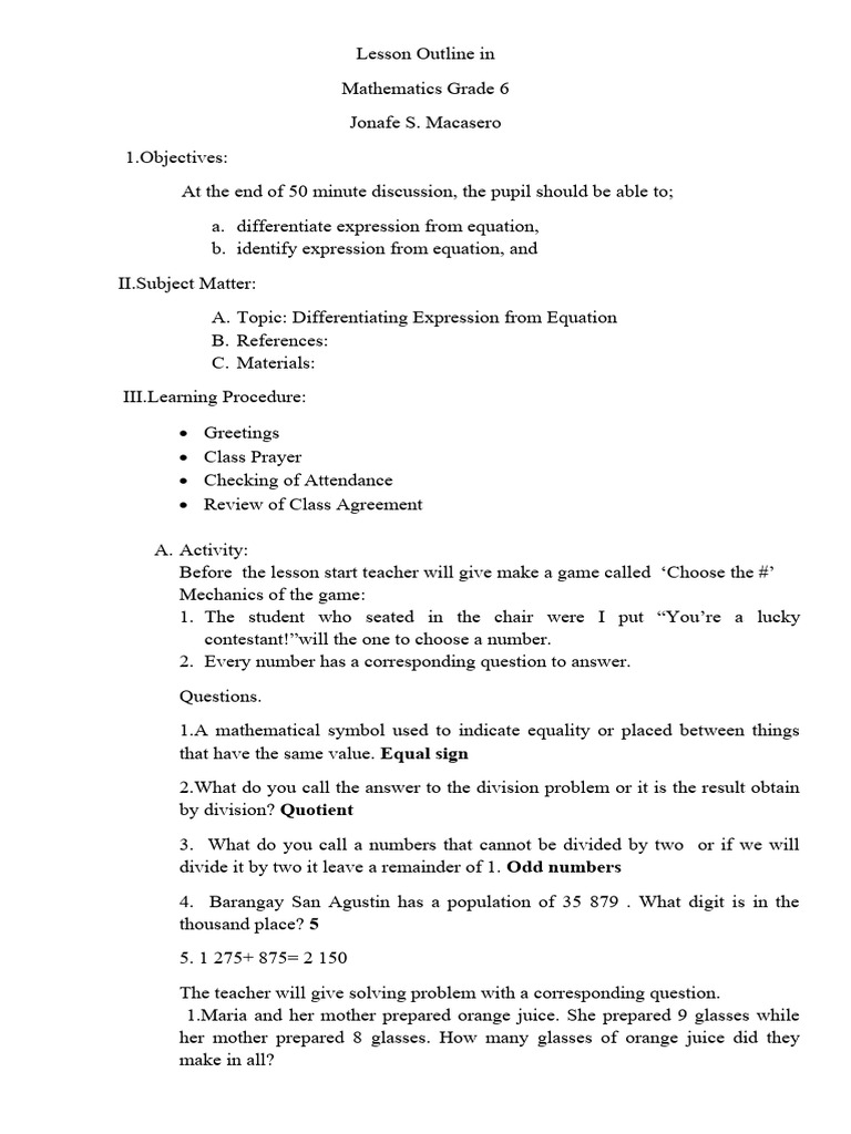 Lesson 6: Expressions vs. Equations | PDF | Equations | Mathematics