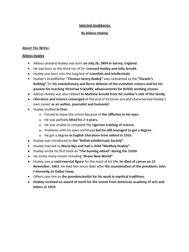 Notes Selected Snobberies by Aldous Huxley PDF