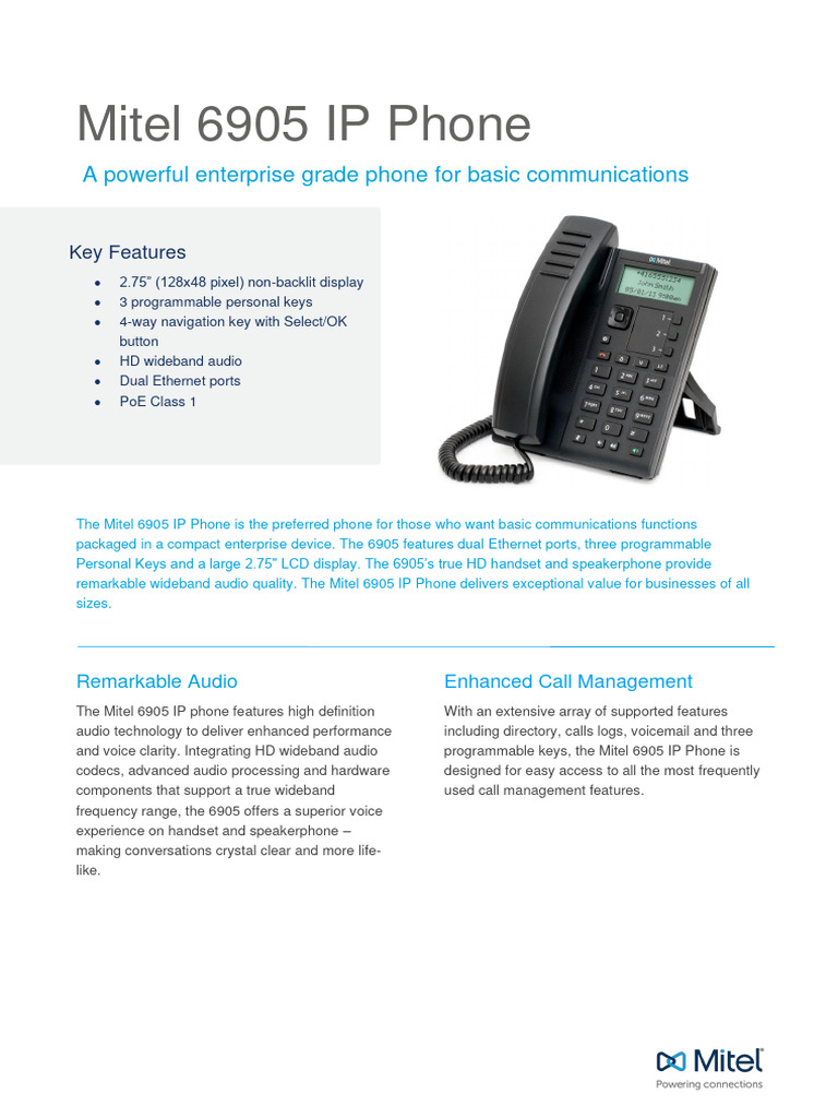 Mitel MiVoice 6905 IP Phone Data Sheet PDF Telephone Information