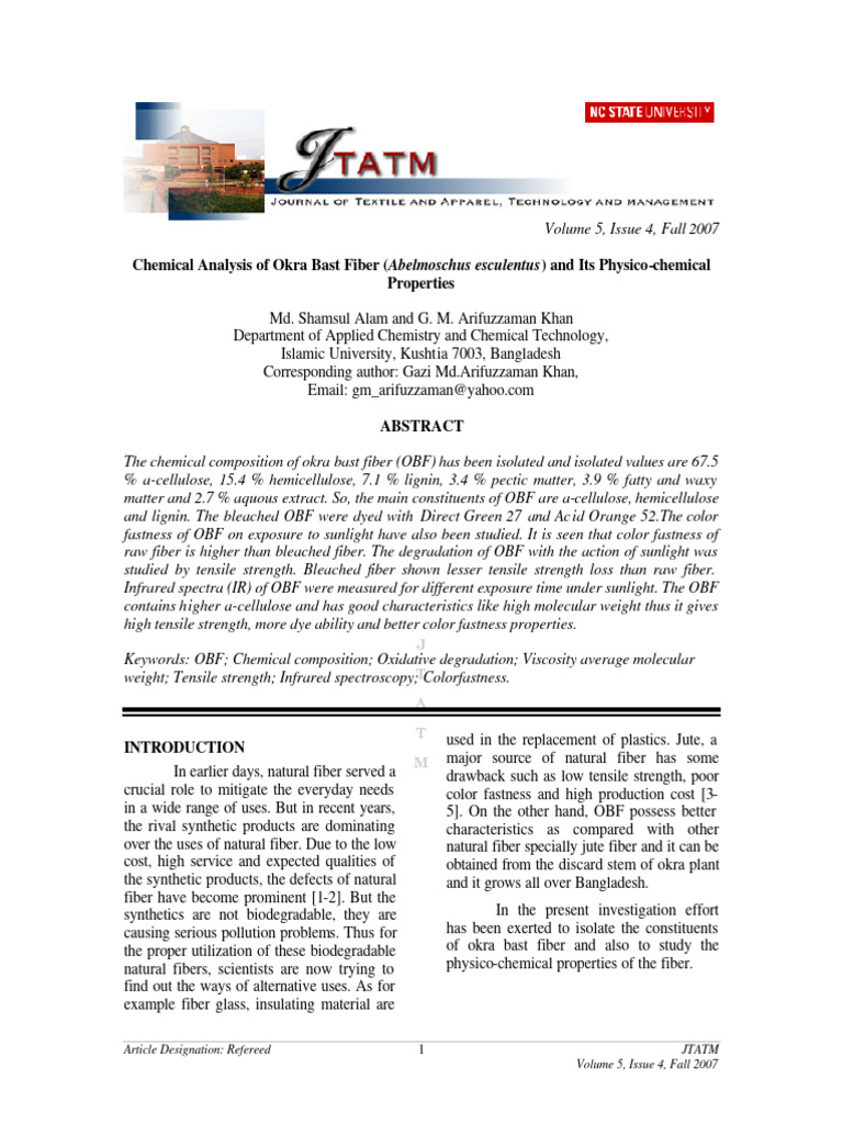 Chemical Analysis of Okra Bast Fiber Abelmoschus e PDF Dye Cellulose