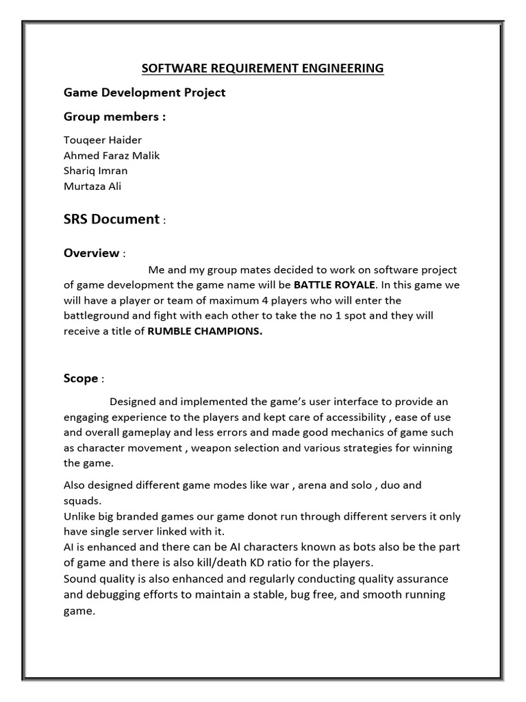 Software req eng project game developement pdf usability