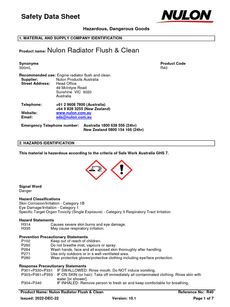 Nulon Radiator Flush CleanSDS Download Free PDF Toxicity