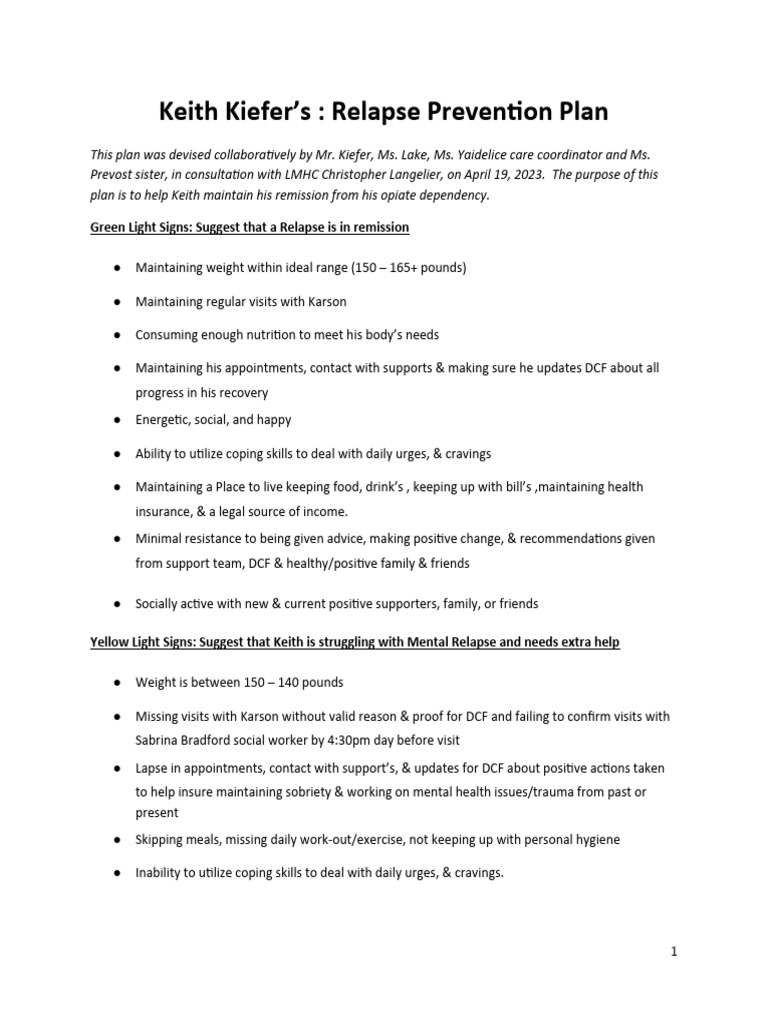 Keith Kiefer's Relapse Prevention Plan | PDF | Relapse | Mental Health