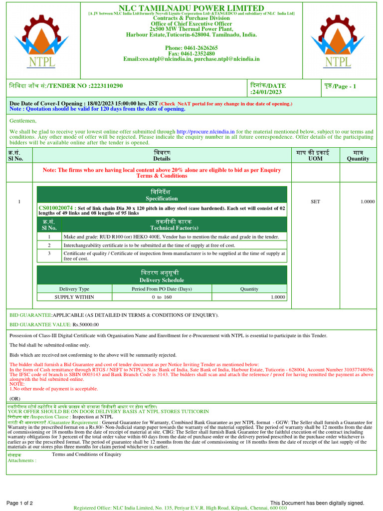 Specification Tender No 2223110290 | PDF | Procurement | Auction