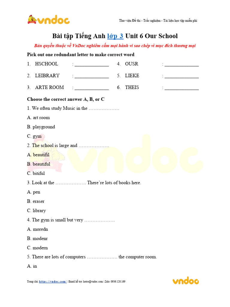 Bai Tap Tieng Anh Lop 3 Unit 6 Our School | PDF