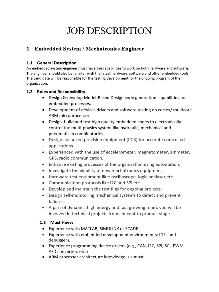 Job Descriptions PDF Embedded System Engineering