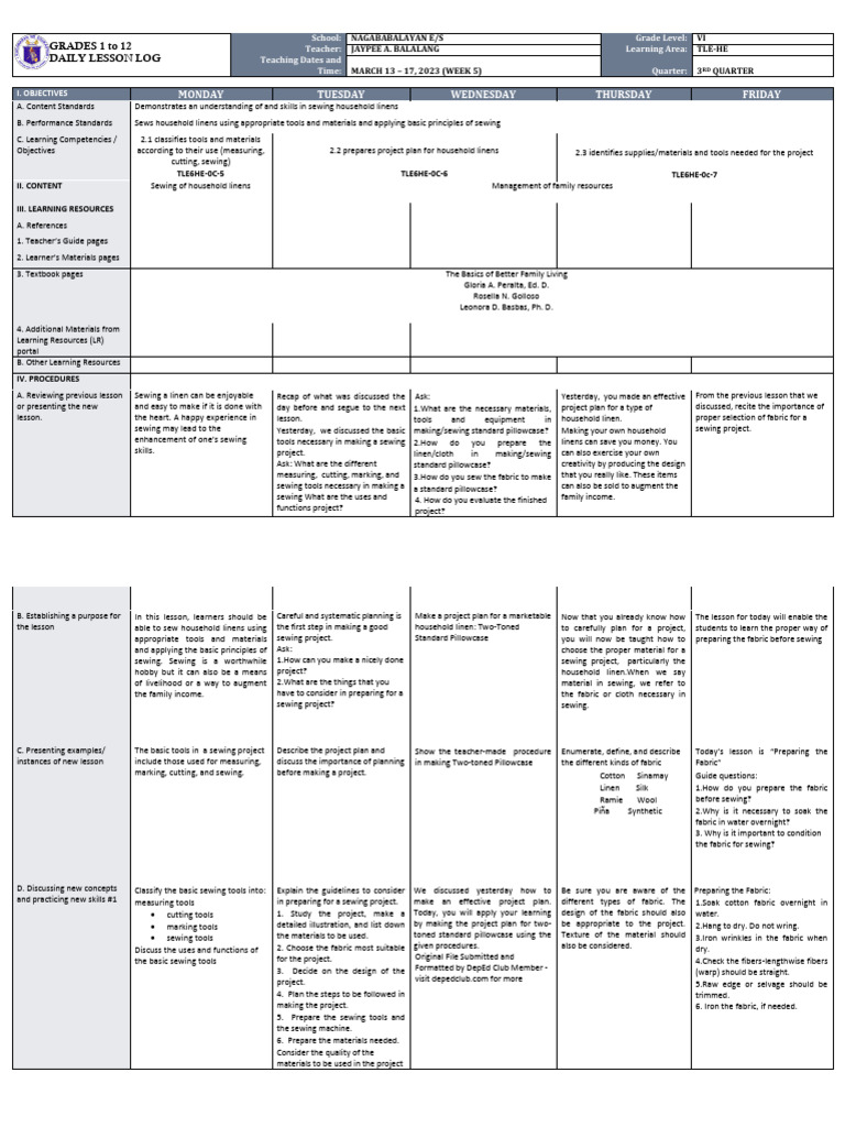 Dll Tle He 6 Q3 W5 Pdf Textiles Sewing
