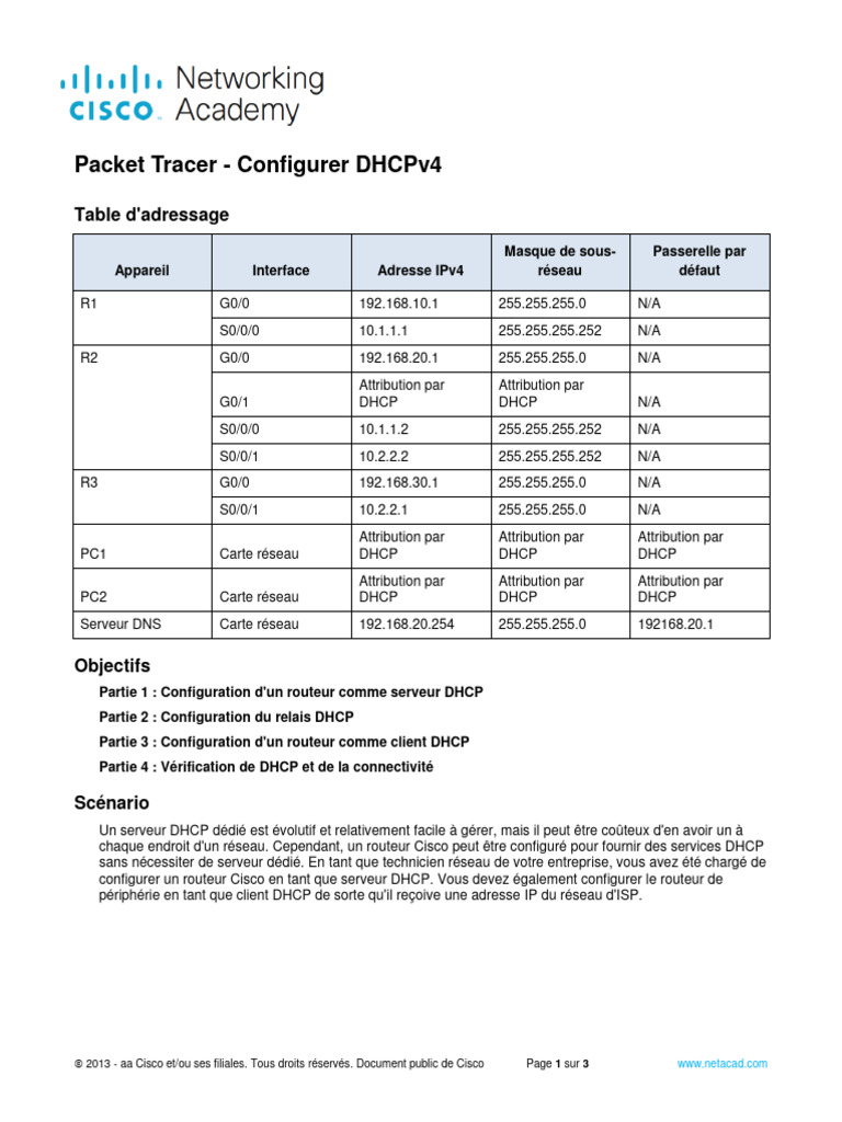 Configuration DHCPv4 avec Packet Tracer | PDF | Adresse IP ...