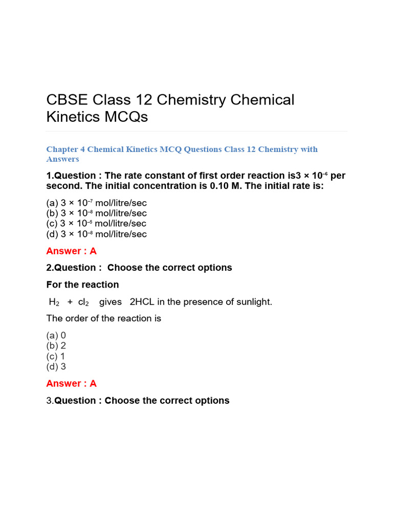 Class 12 Chemical Kinetics MCQs | PDF