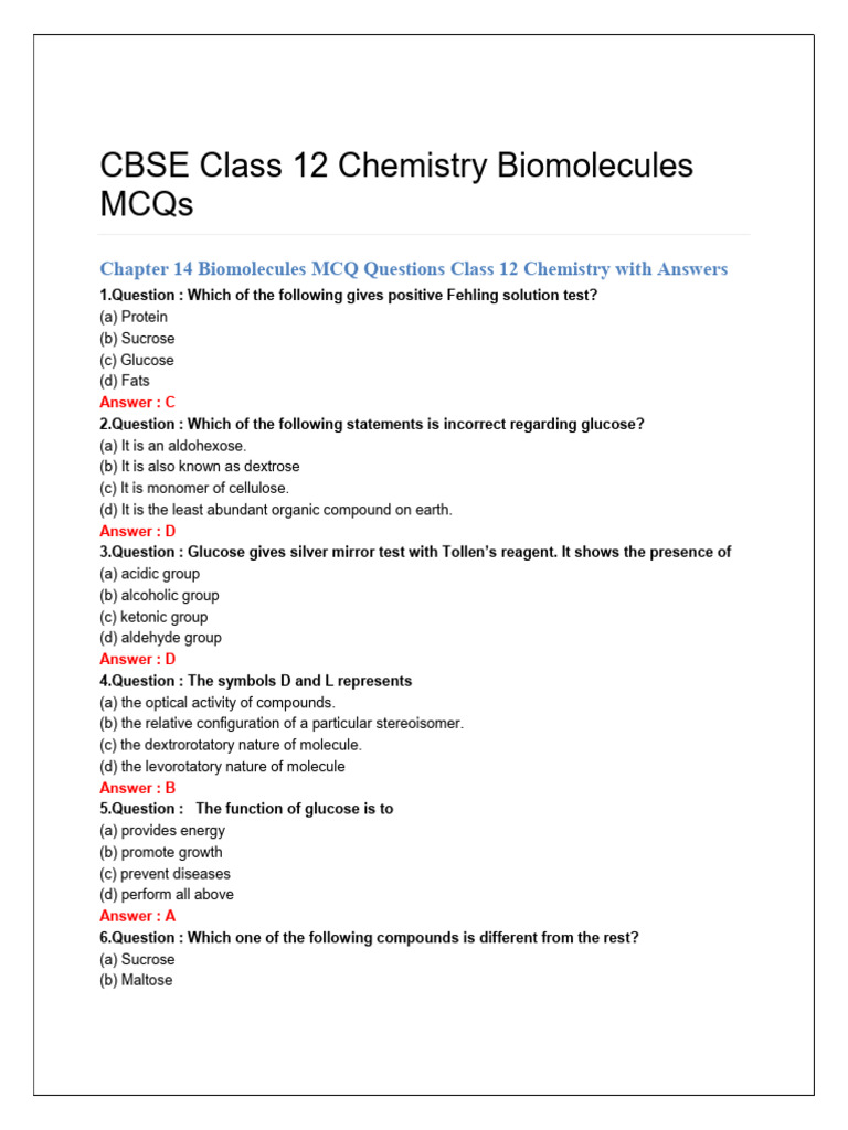 Chapter 14 Biomolecules MCQs PDF Glucose Carbohydrates