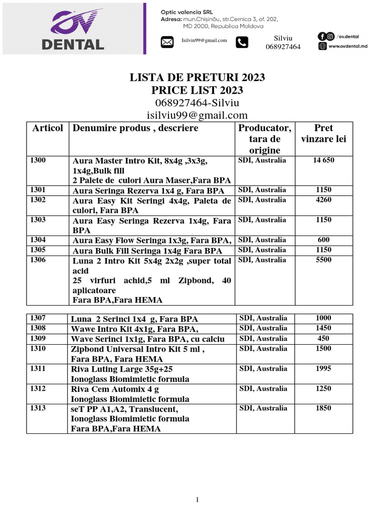 Price List Ov Dental | PDF | Materials