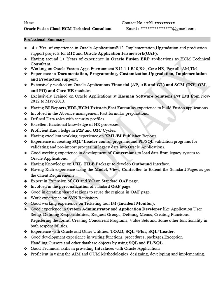Oracle Fusion HCM Consultant Resume | PDF | Oracle Corporation | Sql