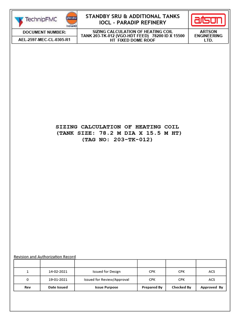 Heating Coil Sizing for Tank 203-TK-012 | PDF