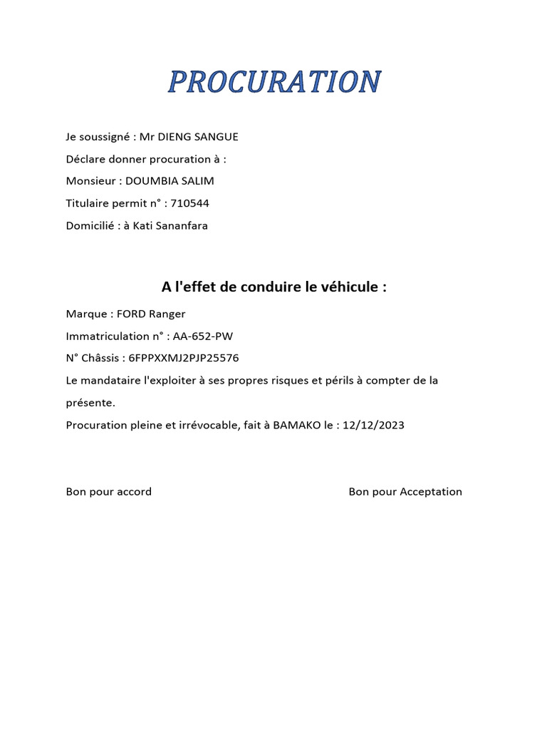 Procuration de conduite véhicule à Bamako | PDF | Droit