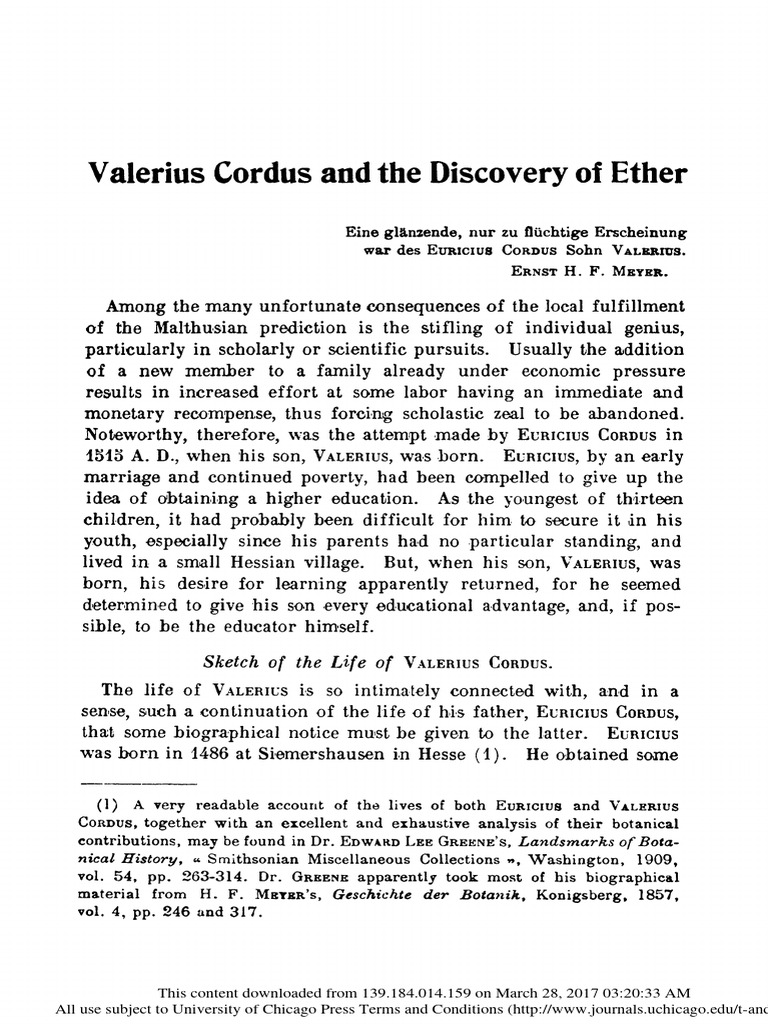 Valerius Cordus and The Discovery of Ether PDF Sulfuric Acid