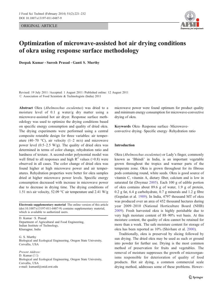 Optimization of Microwave Assisted Hot Air Drying Conditions 2s9xteuzk9 ...