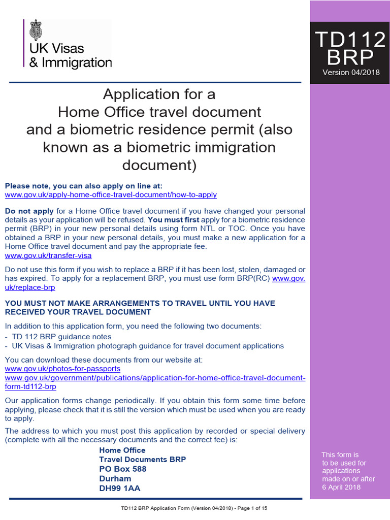 Application For A HO Travel Document and Biometric Residence Permit Download Free PDF