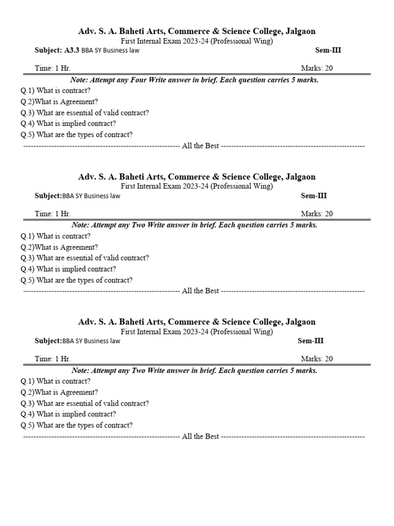BBA Business Law Exam Questions 2023-24 | PDF | Business | Finance ...