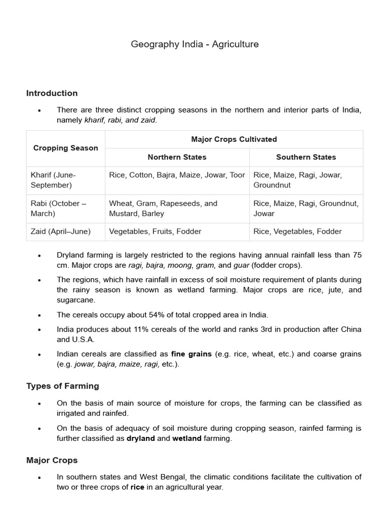 India's Cropping Seasons & Major Crops | PDF | Agriculture | Cereals