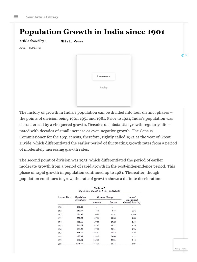 Population Growth in India Since 1901 | PDF | Population Growth ...